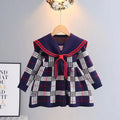 Kids Girl Plaid Knitted Sweater Dress with Bow Military Style