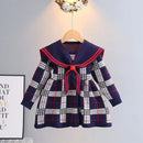 Kids Girl Plaid Knitted Sweater Dress with Bow Military Style