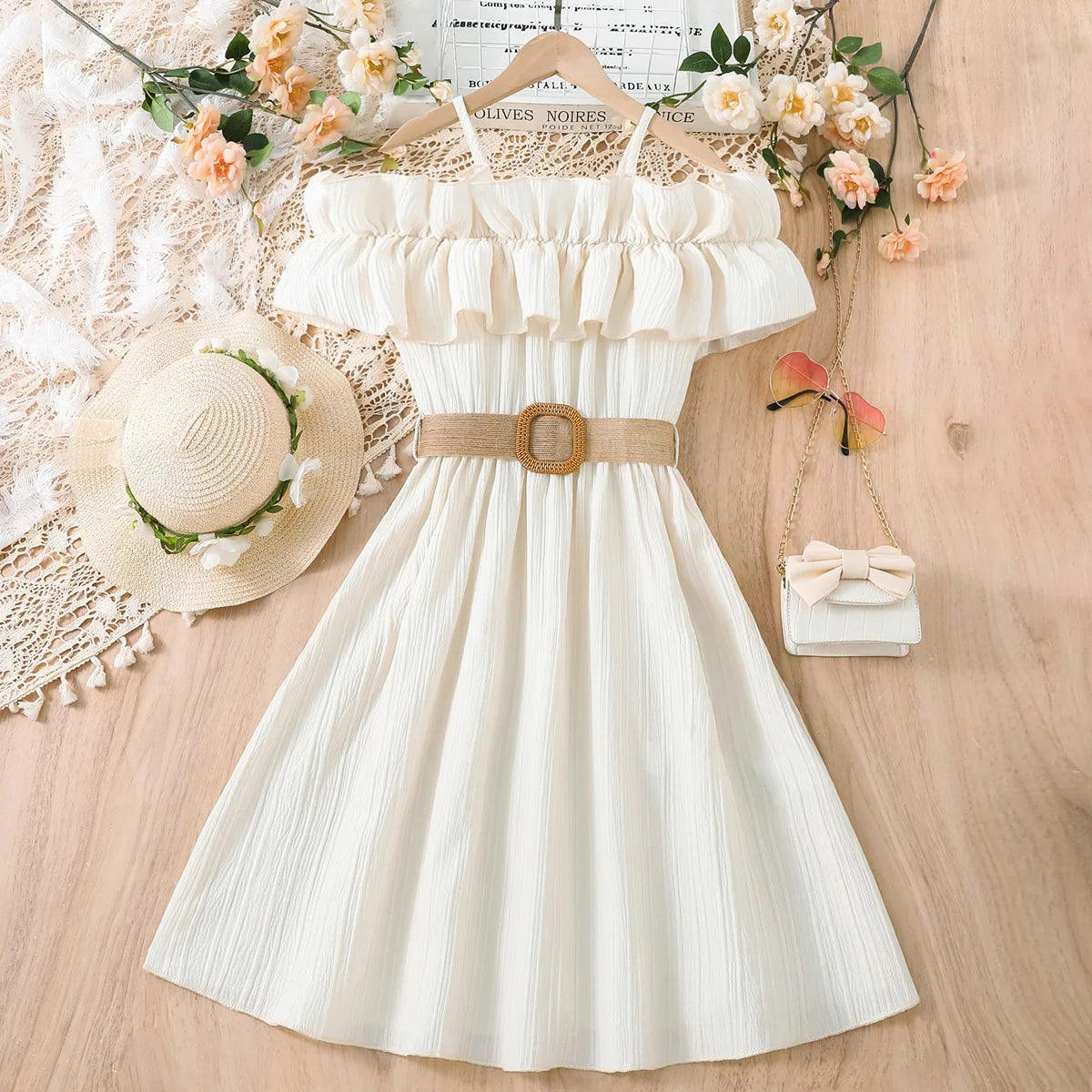Kids Girls Off Shoulder Formal Summer Party Dresses With Belt