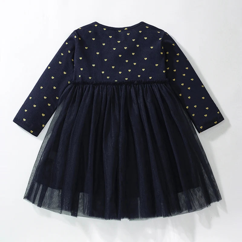 Little Girls Long Sleeves Hearts Design Mesh Dress childrensterritory