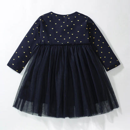 Little Girls Long Sleeves Hearts Design Mesh Dress childrensterritory