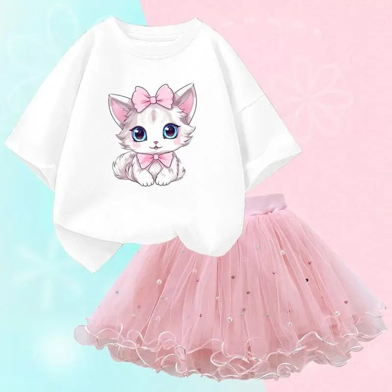 Little Girls Cute Cartoon Print T-Shirt &amp; Mesh Tutu Skirt Outfits