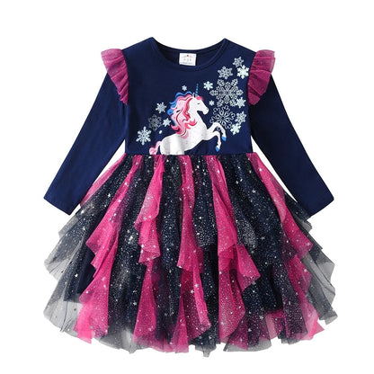 Kids Girls Snowflakes Print Layered Mesh Tulle Princess Dress childrensterritory