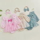 Baby Girls Letter Pattern Ruffled Mesh Romper Dresses