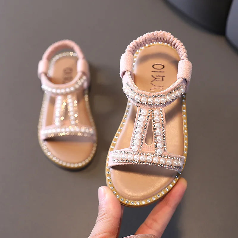 Elegant Pearl Rhinestone Party Princess Sandals for Little Girls