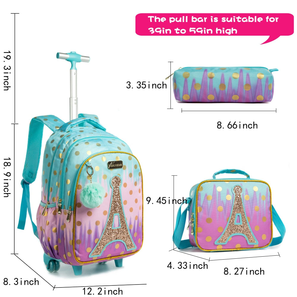Kids Girls Eiffel Tower Sequins 3Pcs Wheeled School Backpack Set childrensterritory