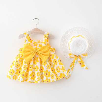 Baby Girl Floral Bow Sling Dress with Hat childrensterritory