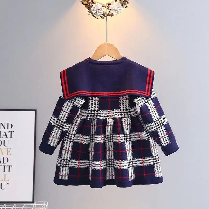Kids Girl Plaid Knitted Sweater Dress with Bow Military Style