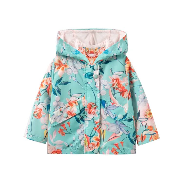 Kids Girl Flowers Cartoon Print Hooded Jackets Windbreaker childrensterritory
