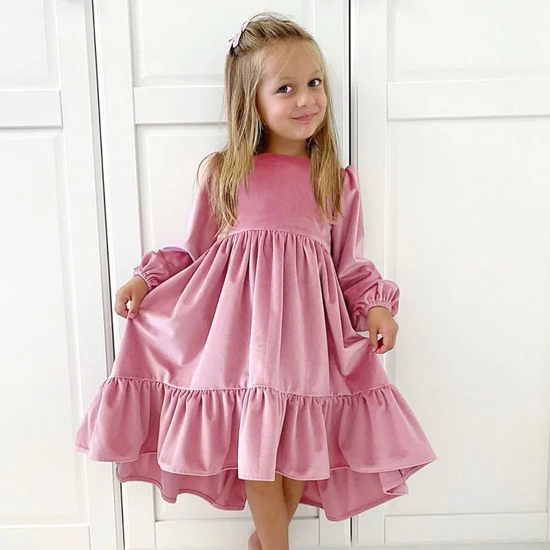 Kids Girls Velvet Long Sleeve Ruffle Hem Party Dresses
