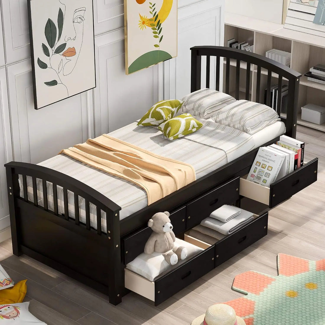 A Twin-Sized Wooden Platform Bed with Six Drawers for Storage