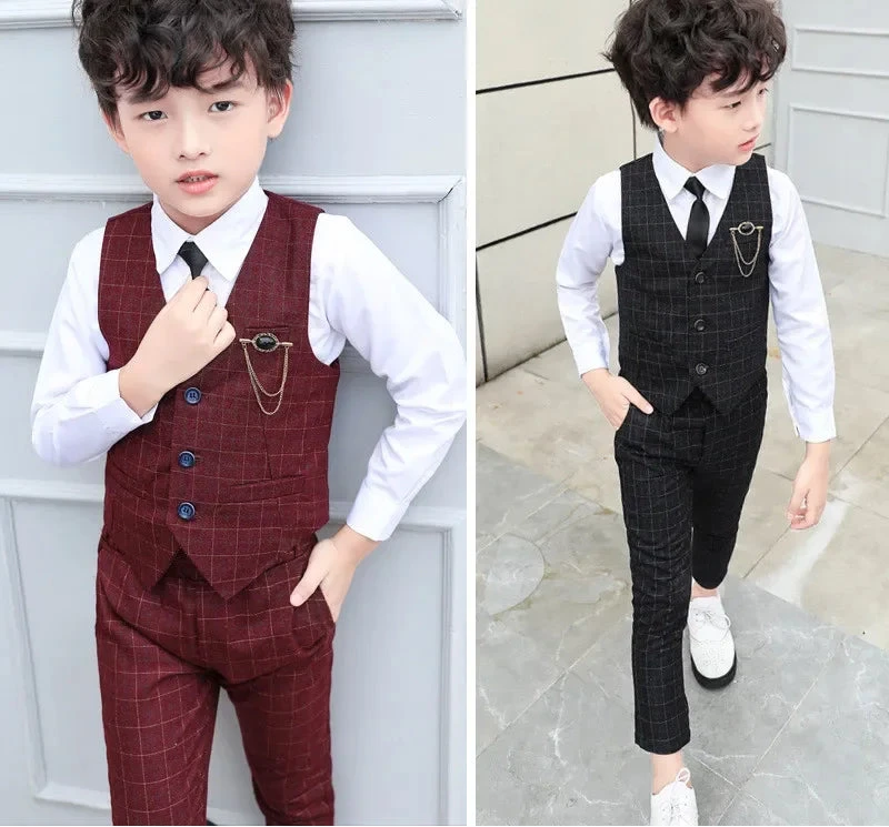 Slim Fit Kids Boys Plaid Vest Formal Wedding/Party Suit Sets