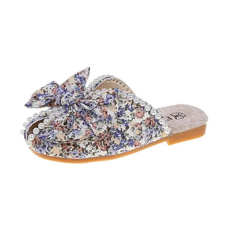 Soft Floral Print Pearls Decor Kids Girls Bow-knot Slippers