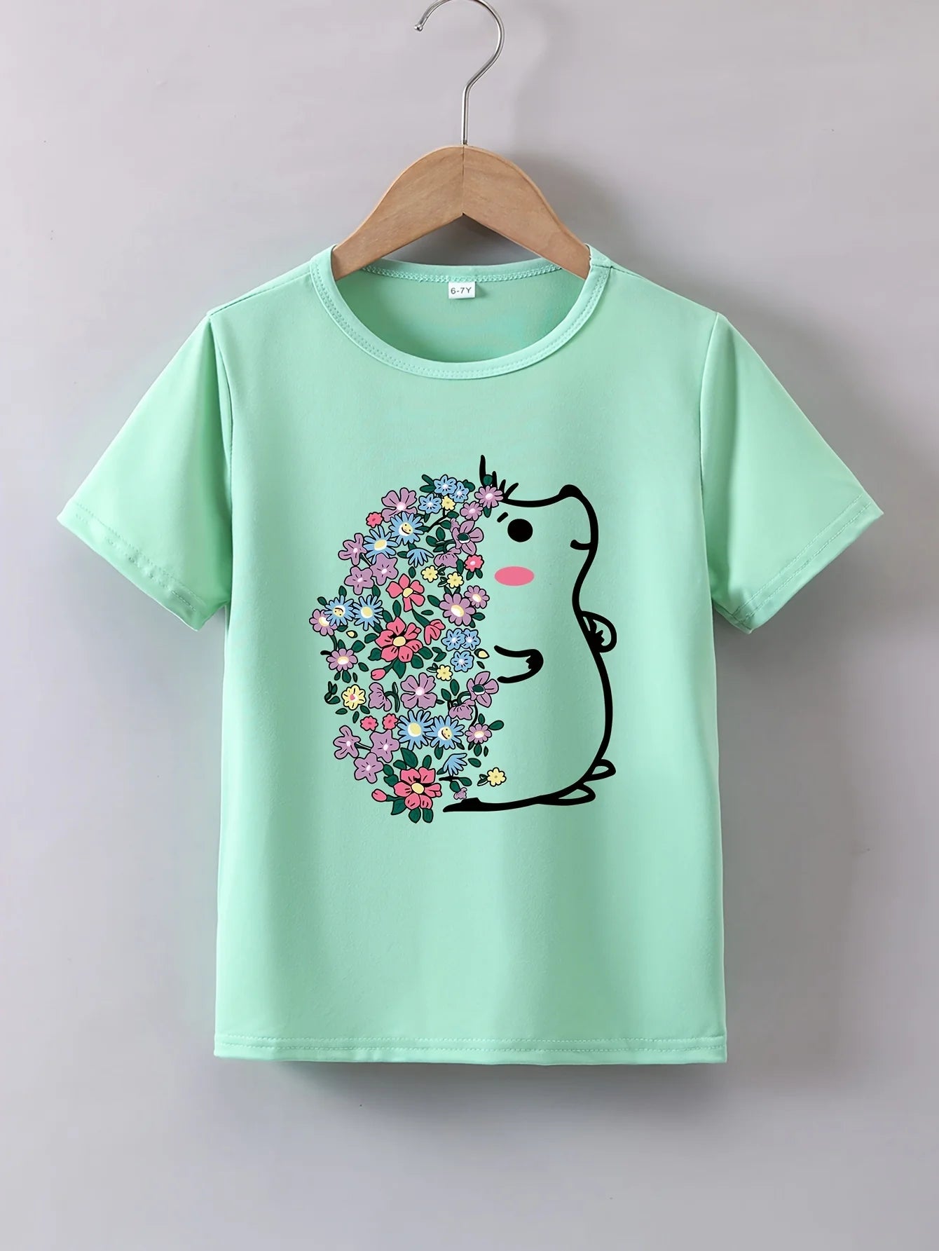 Short Sleeves Crew Neck Flower Printed T-Shirts For Girls