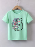 Short Sleeves Crew Neck Flower Printed T-Shirts For Girls childrensterritory