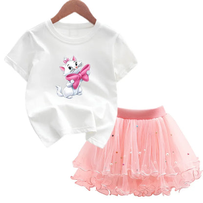 Kids Girls Marie Cat Design Summer T-shirt &amp; Tutu Skirt Set childrensterritory