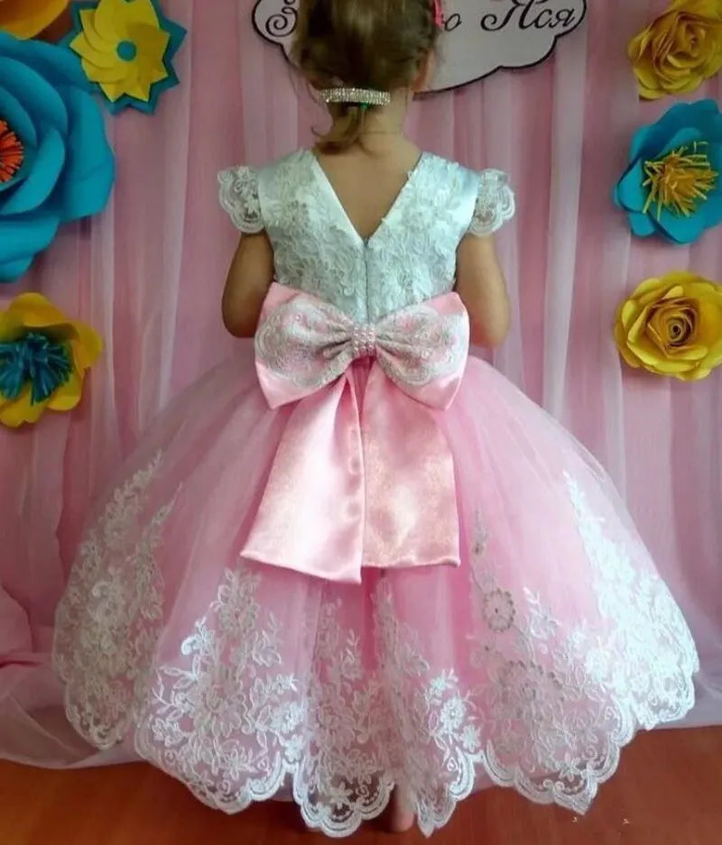 Little Girls Princess Party Gowns with Big Bow Lace Appliques childrensterritory