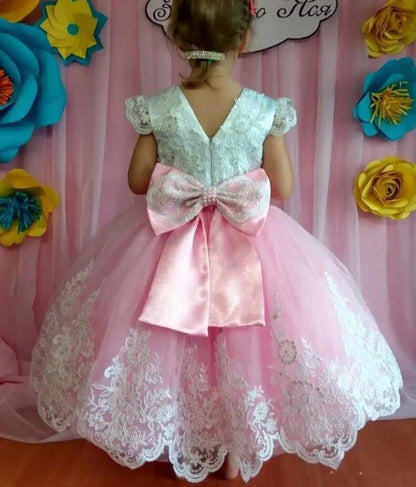 Little Girls Princess Party Gowns with Big Bow Lace Appliques childrensterritory