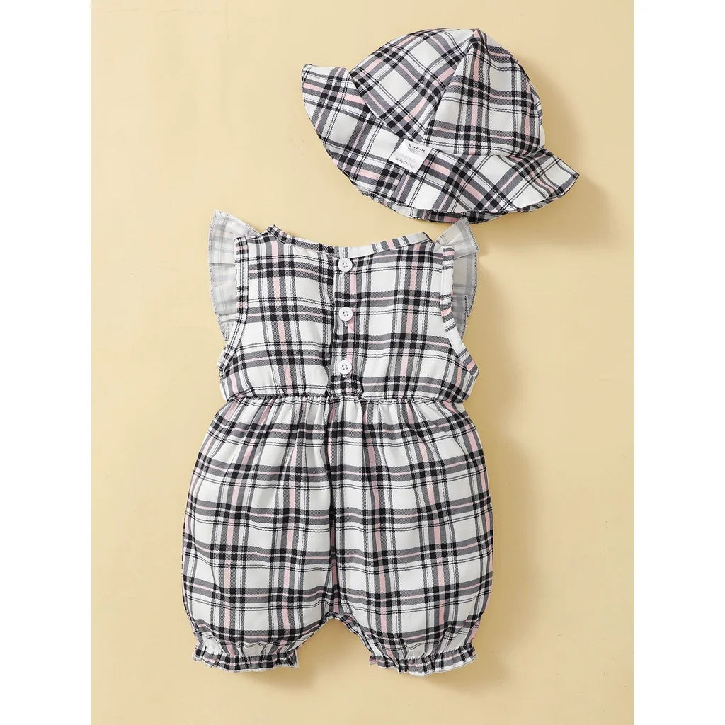 Newborn Girl Plaid Design Summer Romper and Hat Set childrensterritory