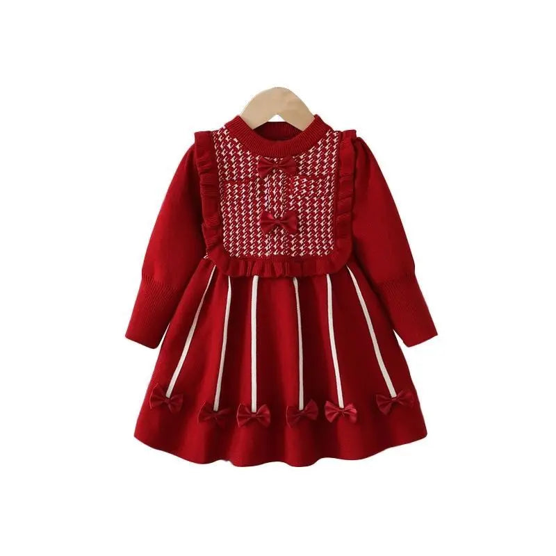 Girls' Long-Sleeved Bow-Design Winter Dresses