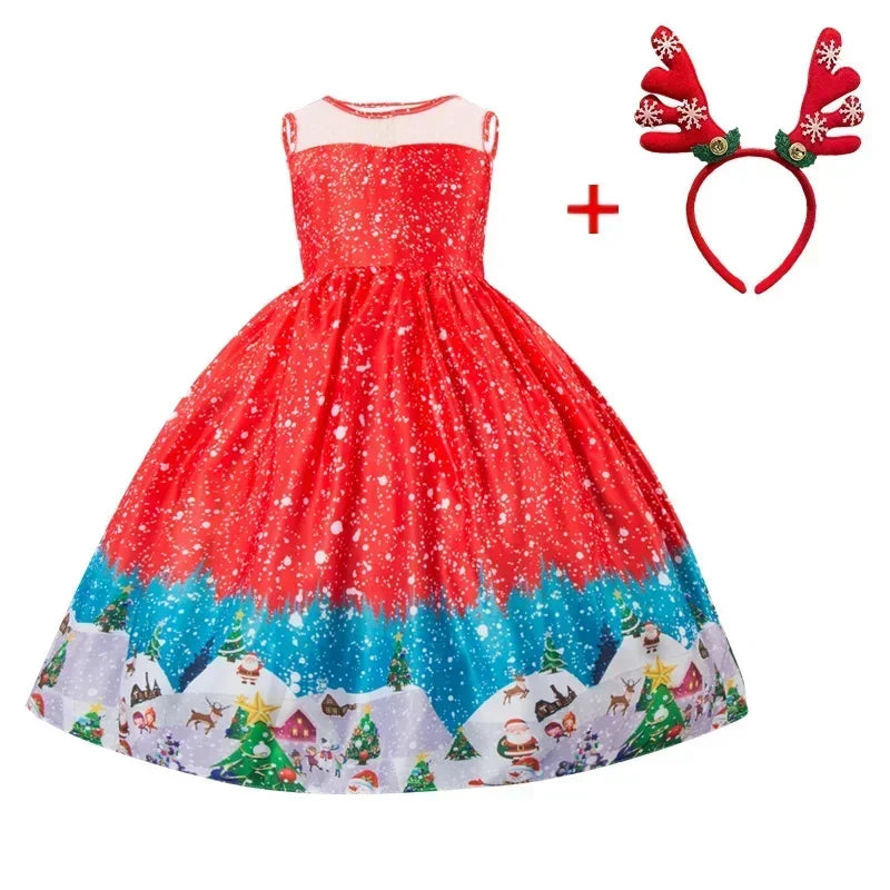 Girls Printed Santa Claus Christmas Party Dress