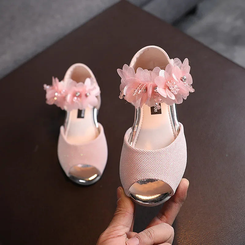 Girls Low Heel Rhinestone Flower Wedding Party Princess Shoes childrensterritory