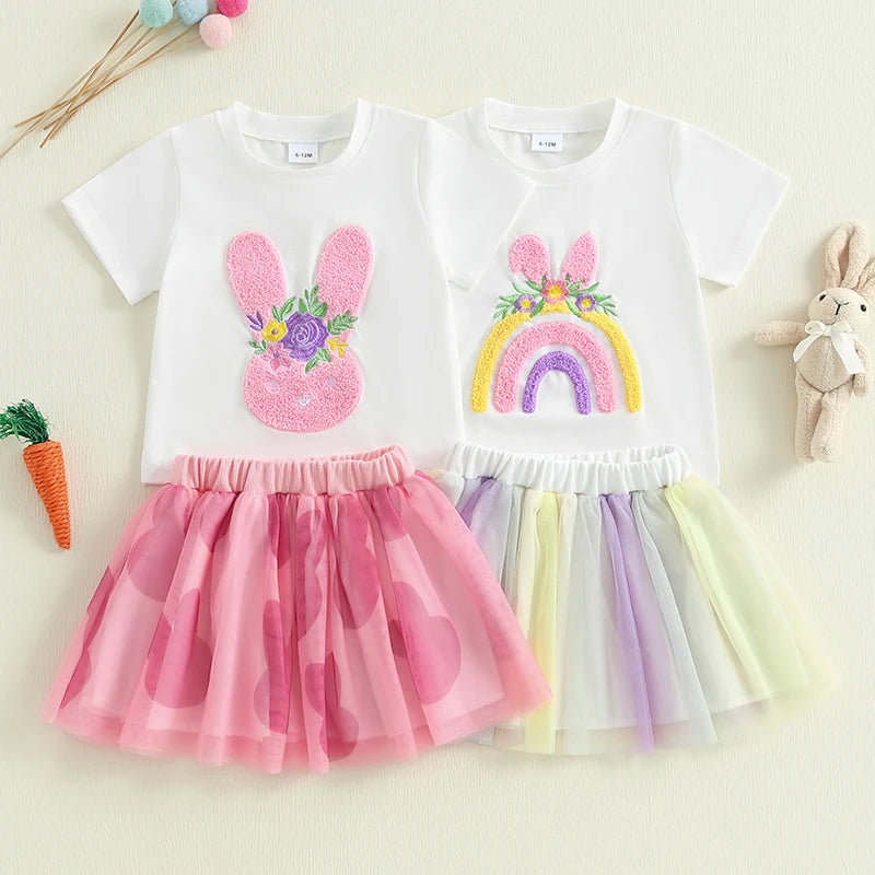 Rainbow Embroidery T-Shirt with Tulle Skirt Set for Little Girls childrensterritory