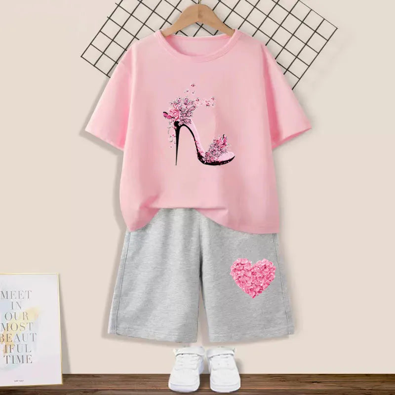 Kids Girls Butterfly High Heel T-shirt +Shorts 2 Piece Tracksuits childrensterritory
