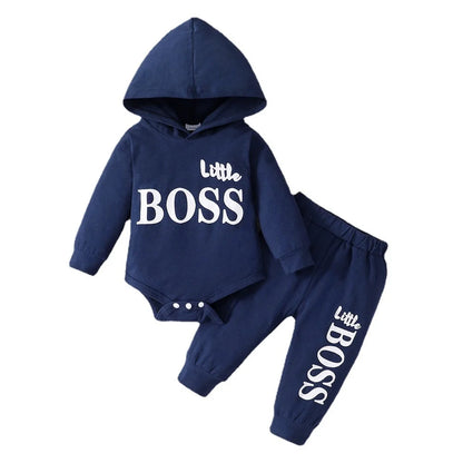 "Little Boss" Print Baby Boy Hooded Clothing Set