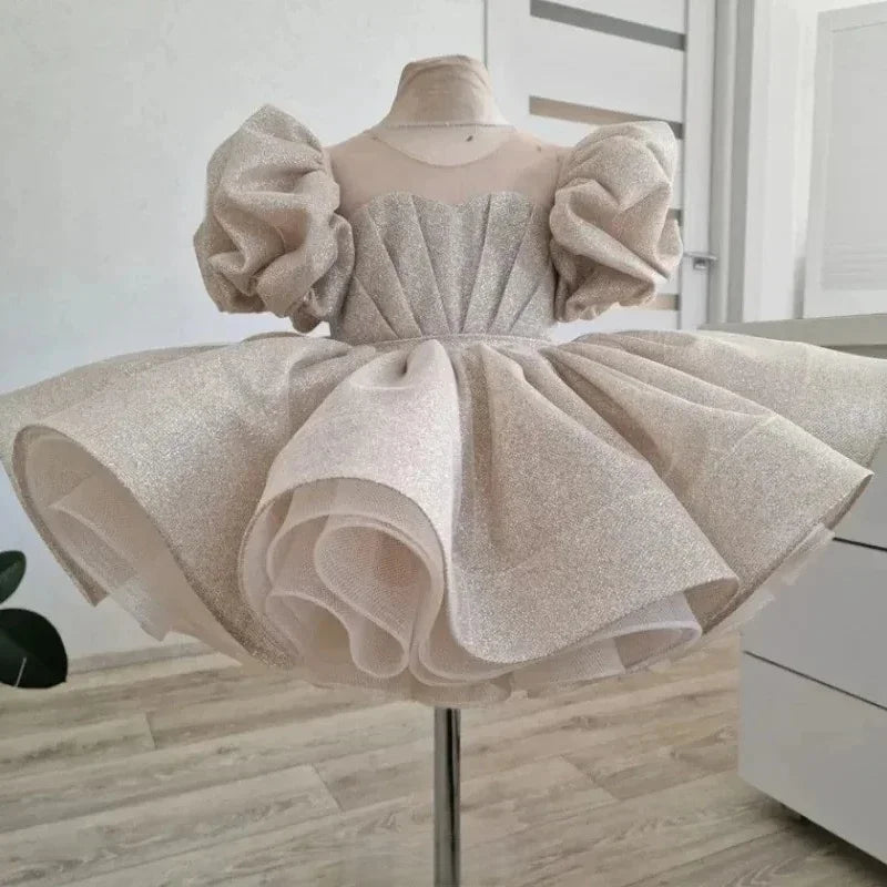 Kids Girl Shiny Puff First Communion Ruffle Dresses With Bow