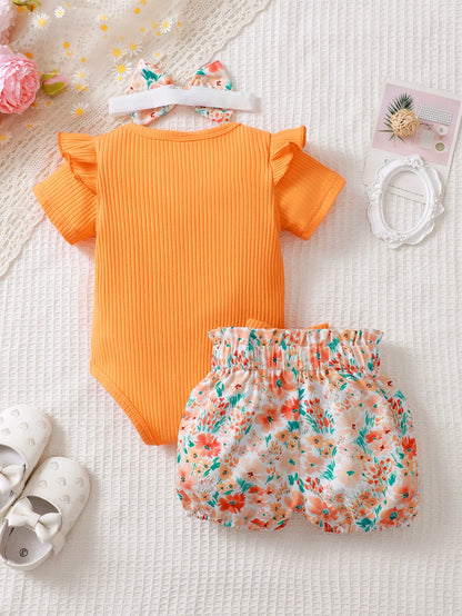 Newborn Baby Girl Three Piece Printed Cotton Outfit Set childrensterritory