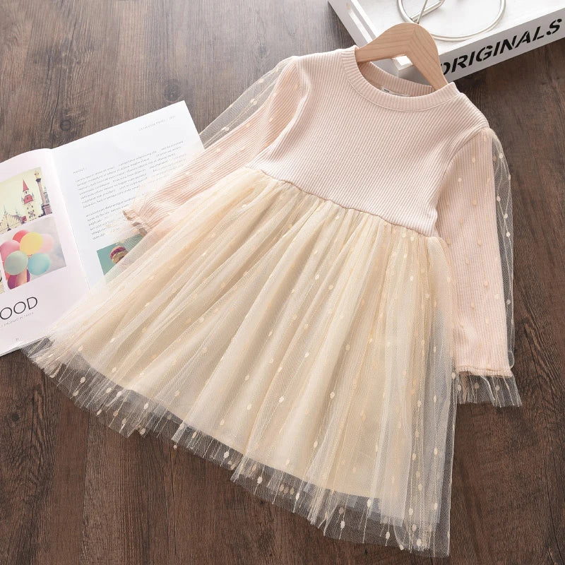 Kids Girls Long Sleeve Mesh Cotton Winter Party Dresses