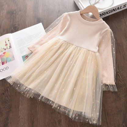 Kids Girls Long Sleeve Mesh Cotton Winter Party Dresses