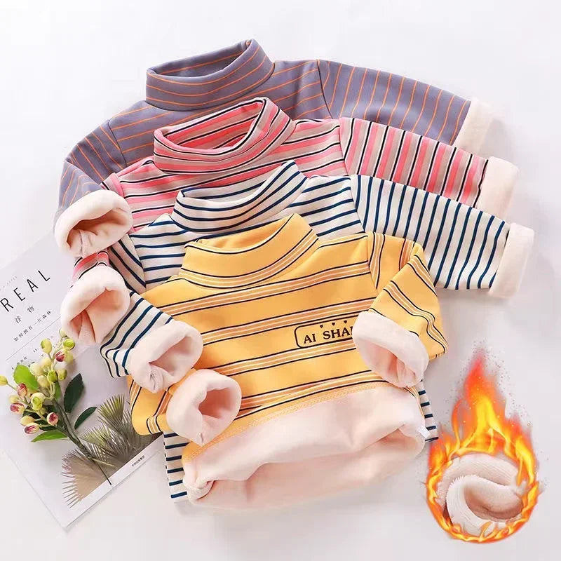 Kids Korean Style Turtleneck Striped Design Velvet Winter T-shirts childrensterritory
