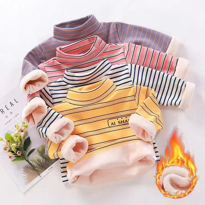 Kids Korean Style Turtleneck Striped Design Velvet Winter T-shirts childrensterritory