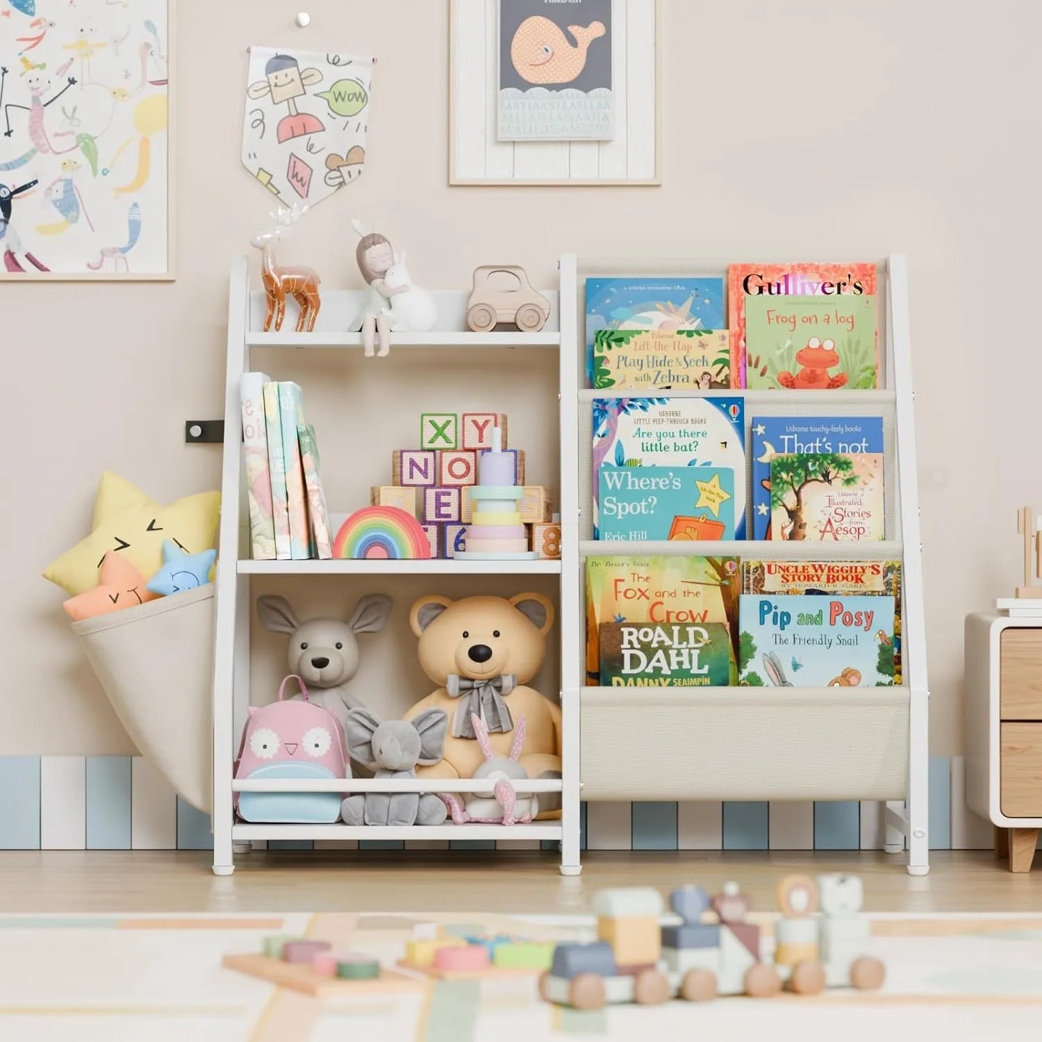 Kids 3-Tier Book Sling Shelf and Toy Storage Organizer