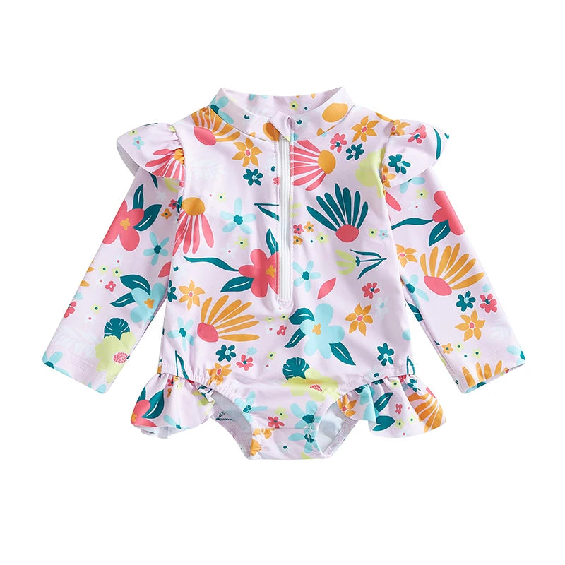 Floral Print Baby Girl Backless Long Sleeve Swimwear childrensterritory