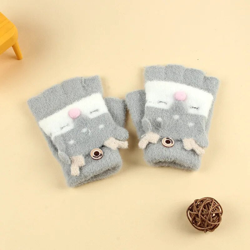 Kids Cartoon Design Furry Coral Fleece Short Gloves Mittens childrensterritory