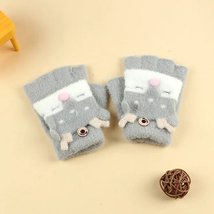 Kids Cartoon Design Furry Coral Fleece Short Gloves Mittens childrensterritory