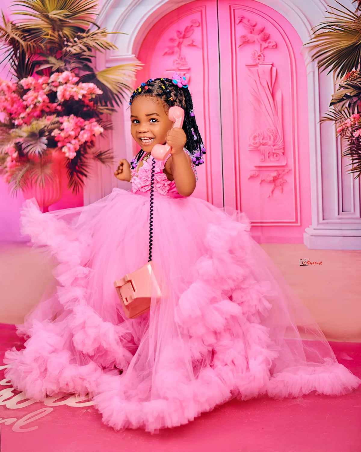 Fluffy, Floor-Length, Layered Pink Princess Ball Gown for Girls