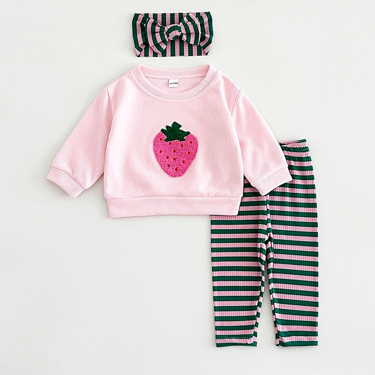 Baby Girls Strawberry Top with Striped Legging and Headscarf  Set