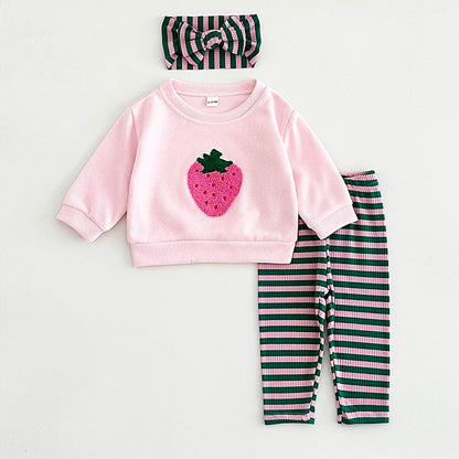 Baby Girls Strawberry Top with Striped Legging and Headscarf  Set