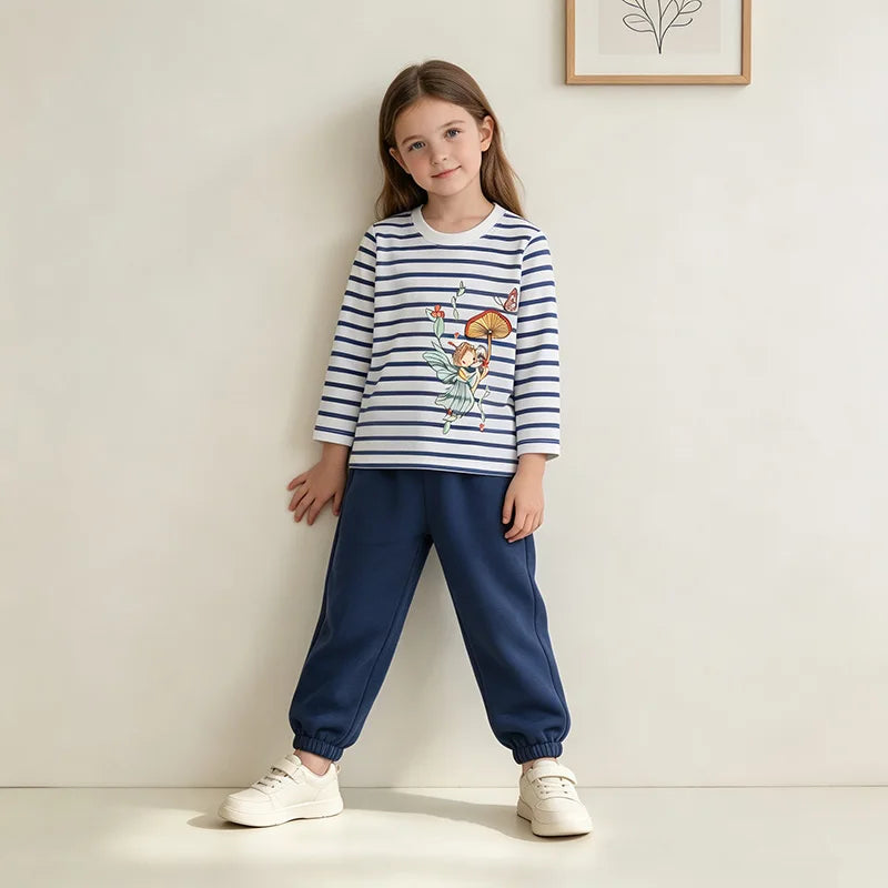 Round Neck Long Sleeves Cartoon Print Cotton Tops For Girls