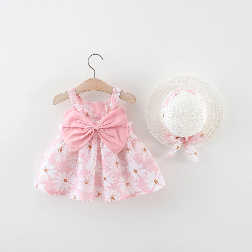 Sleeveless Bow Design Printed Summer Dresses For Girls