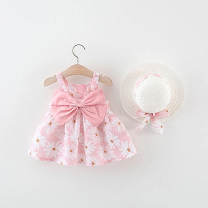 Sleeveless Bow Design Printed Summer Dresses For Girls