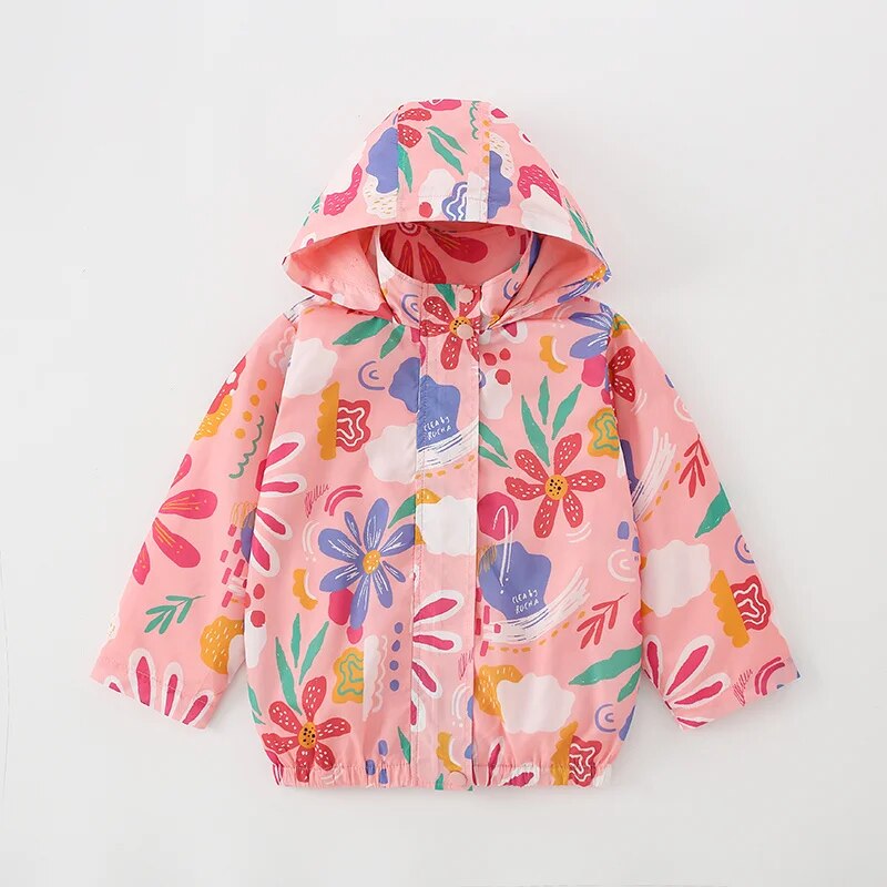 Kids Girl Flowers Cartoon Print Hooded Jackets Windbreaker childrensterritory