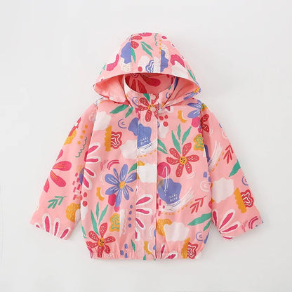 Kids Girl Flowers Cartoon Print Hooded Jackets Windbreaker childrensterritory