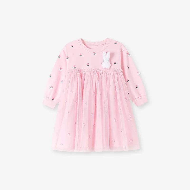 Long Sleeves Flower Design Girls Mesh Dress