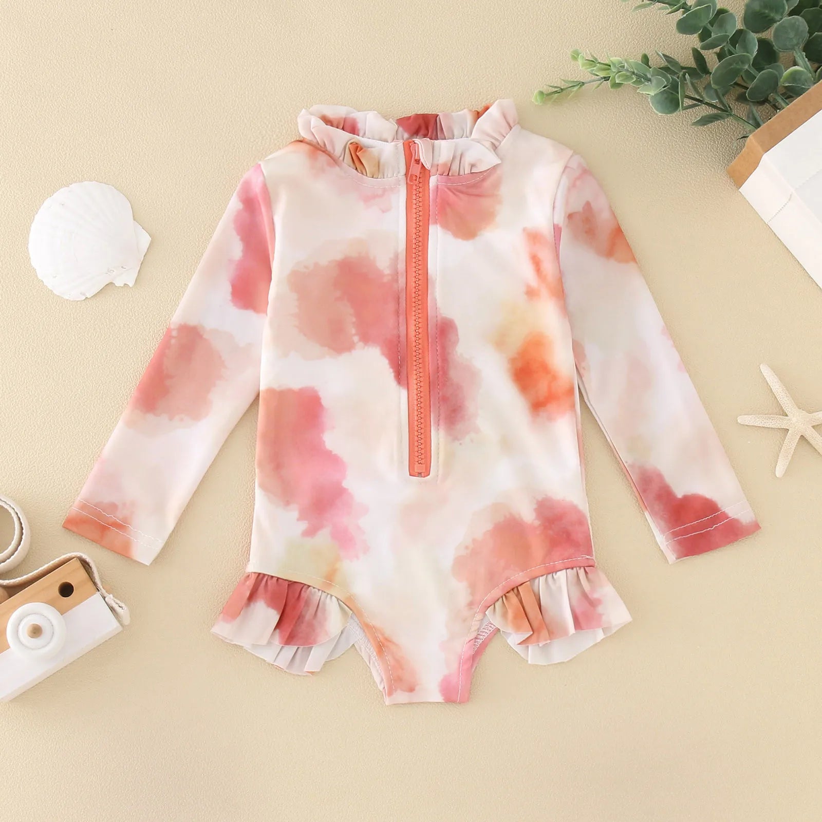 Tie-Dye Ruffles Kids Girls Zipper Beachwear Swimwear