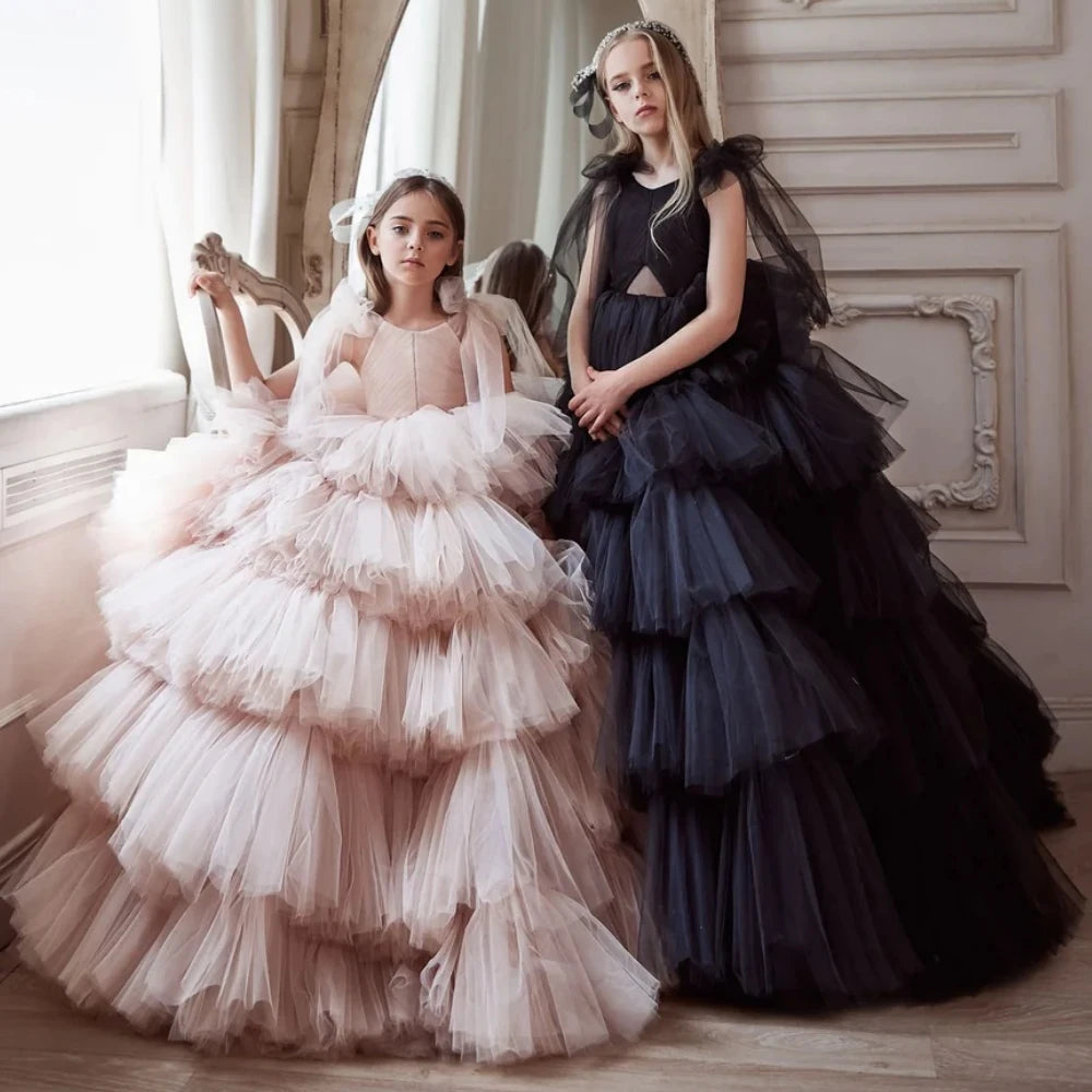 Kids Girls Tiered Tulle Bow Shoulder Design Dresses For Birthday/Prom childrensterritory